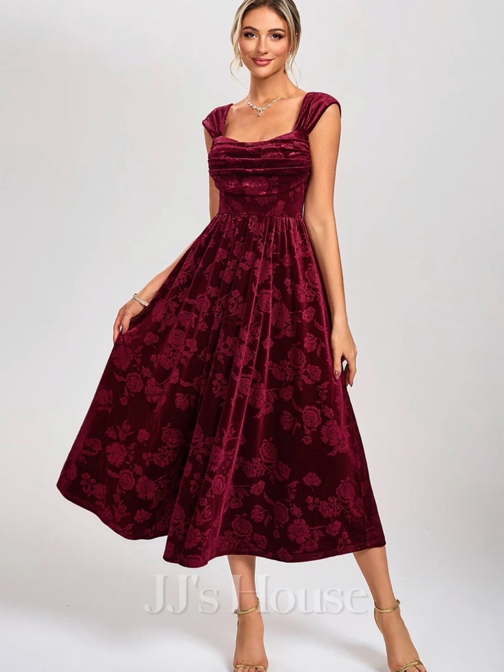 JJ’s House Violaine Cowl Jacquard Velvet Midi Dress – Burgundy Size S